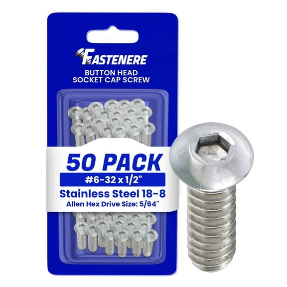 Fastenere Button Head Socket Cap Screws - 6-32 x 1/2" (50 Pack) Stainless Steel 18-8, Full Thread, Bright Plain Finish, Corrosion-Resistant, Machine Thread, Easy to Install w/ Allen Socket Drive