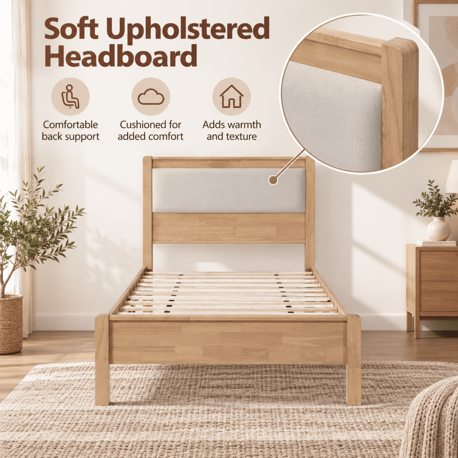 Miniyam Twin XL Rubberwood Platform Bed Frame with Padded Upholstered Headboard, Natural