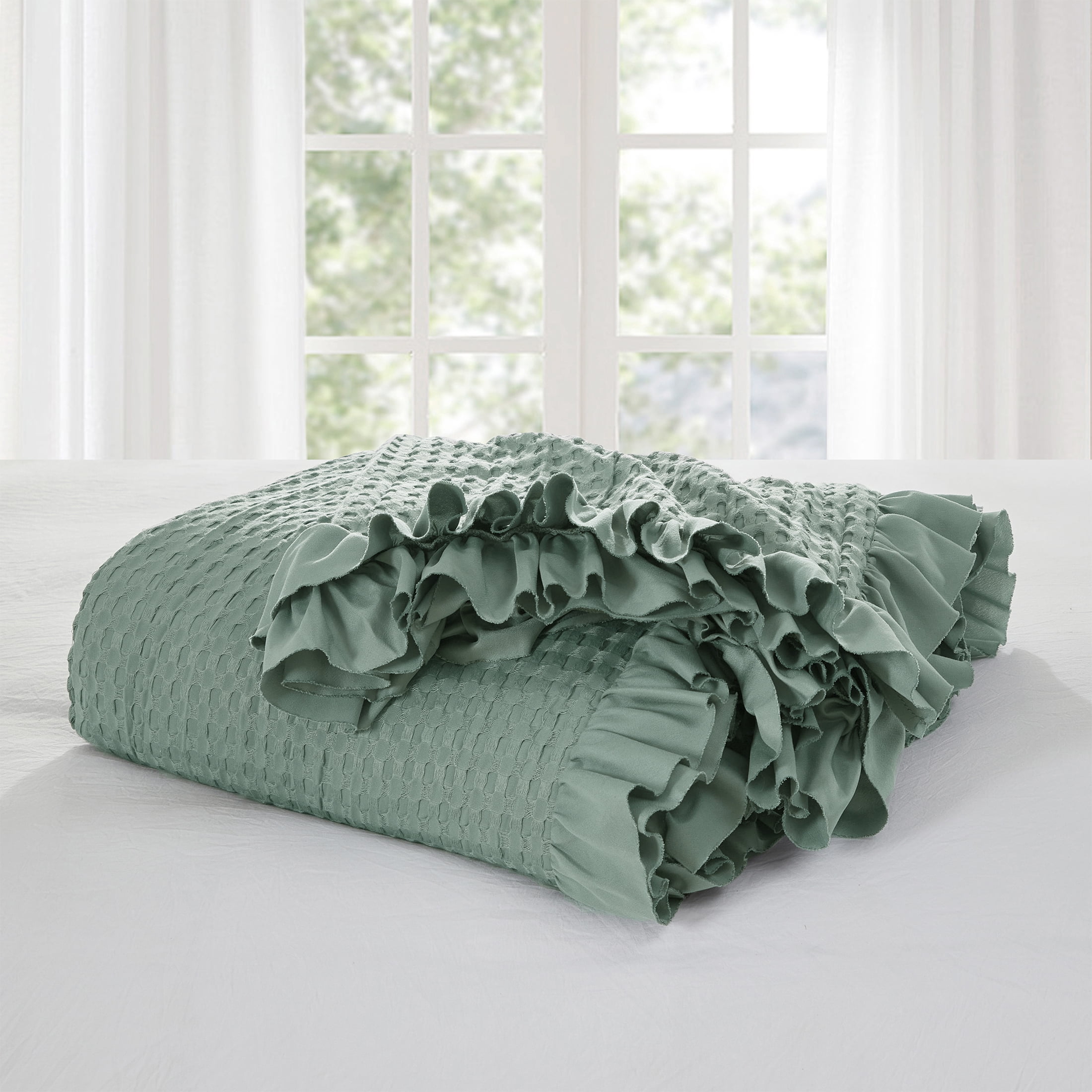 My Texas House Ella Green Waffle Woven Microfiber Bed Blanket, King