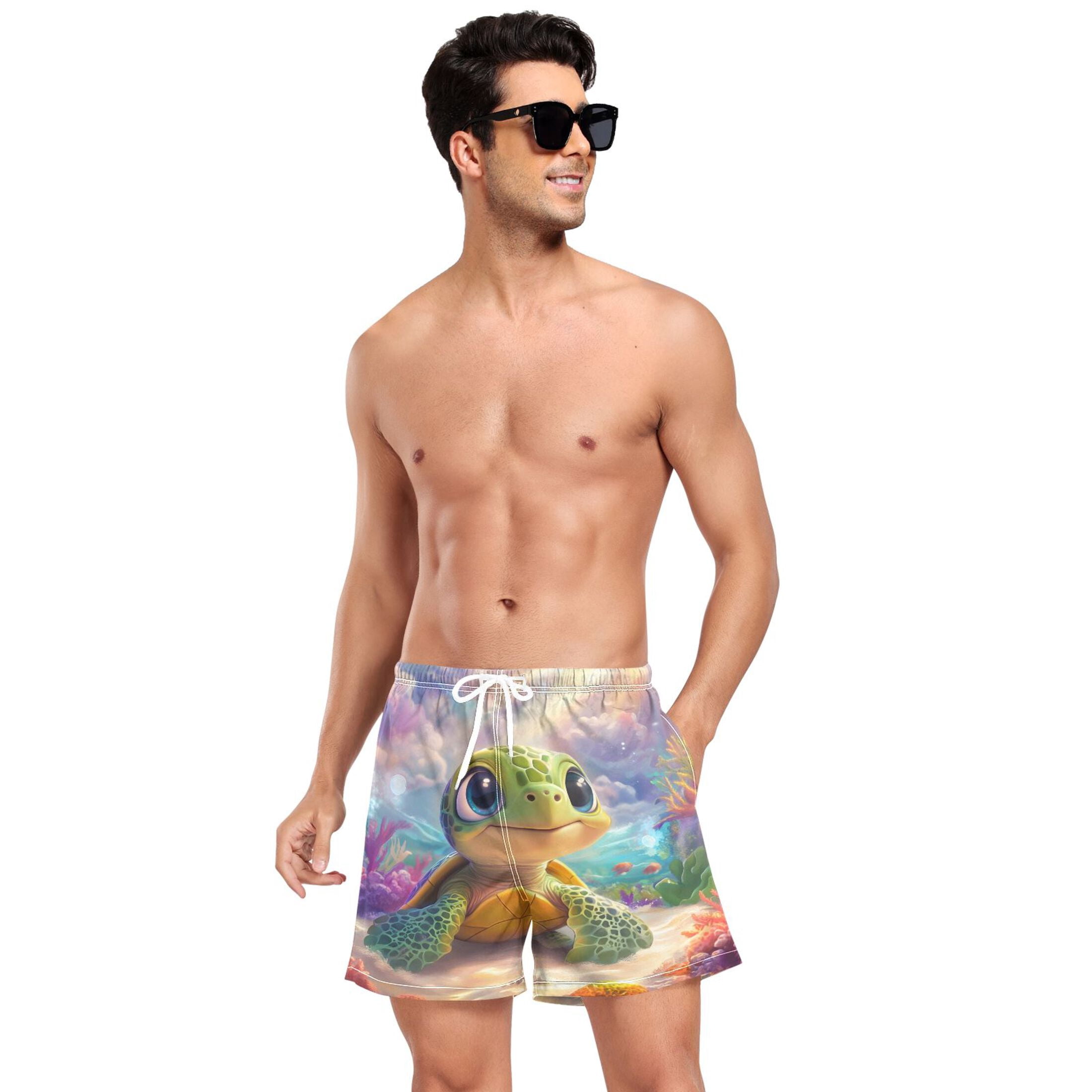 joogoo Men's Sea Turtles Sunshine Swim Trunks with Liner Pocket Beach Shorts Large