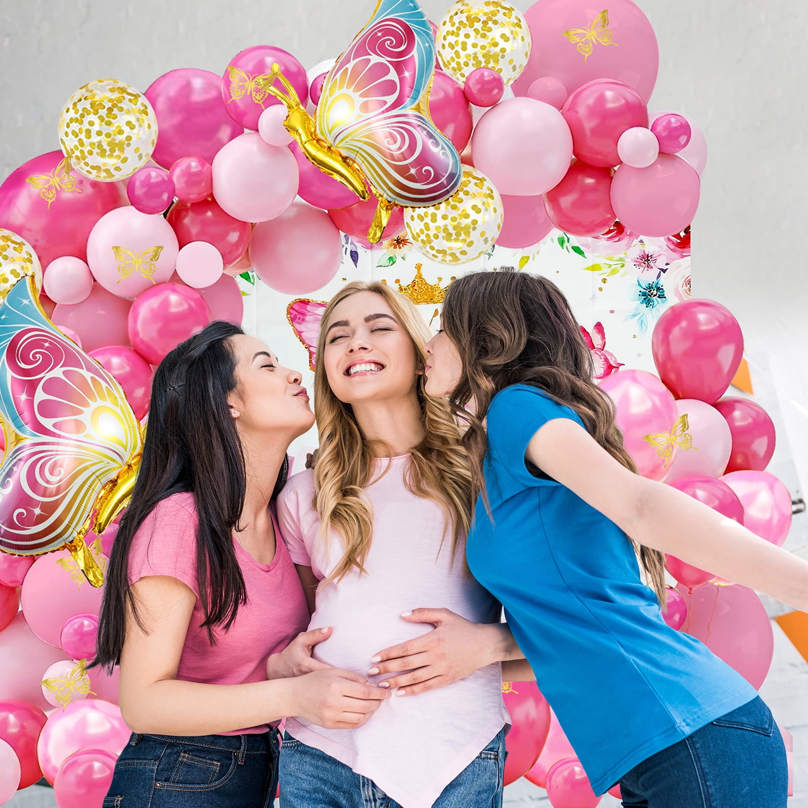 126Pcs Pink Balloon Arch Kit with Foil Butterfly Balloons, Happy Birthday Backdrop & Tablecloth Decorations for Girl's Party