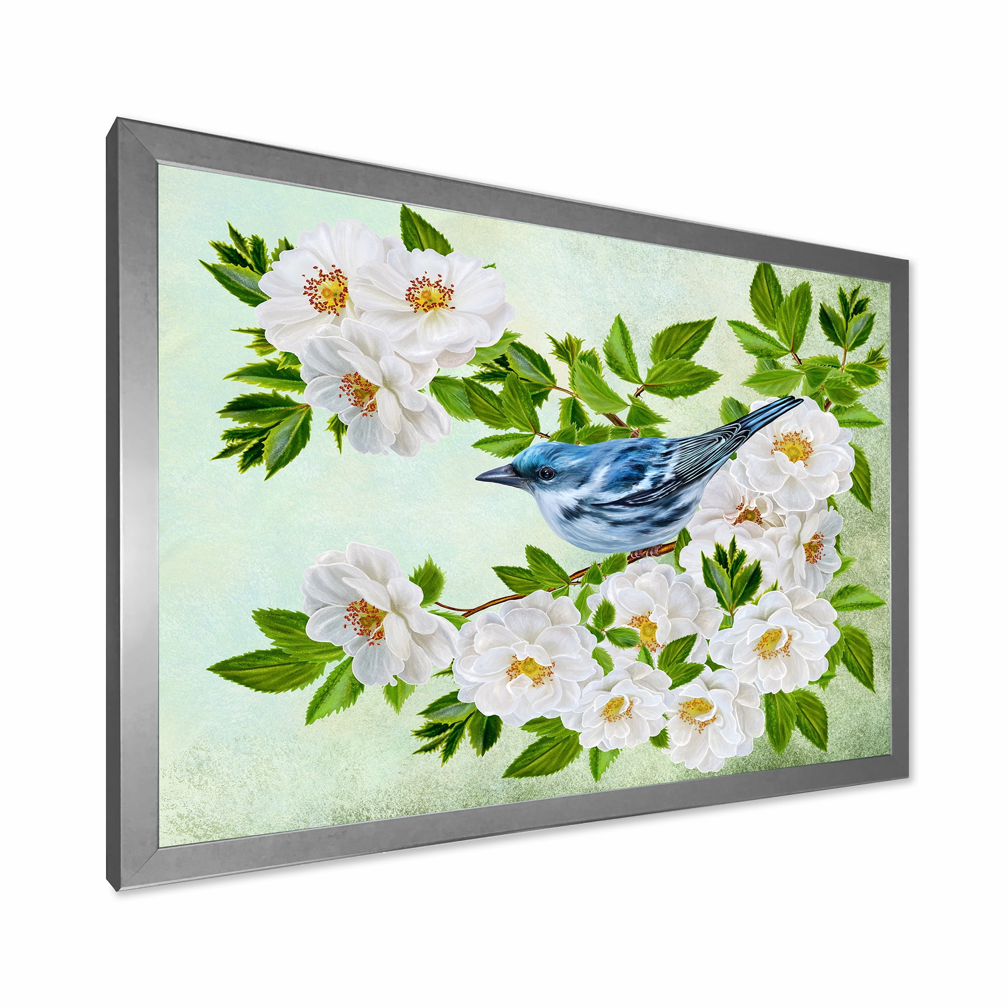 Designart 'Little Blue Bird Sitting On A Branch of White Rose Plant' Traditional Framed Art Print