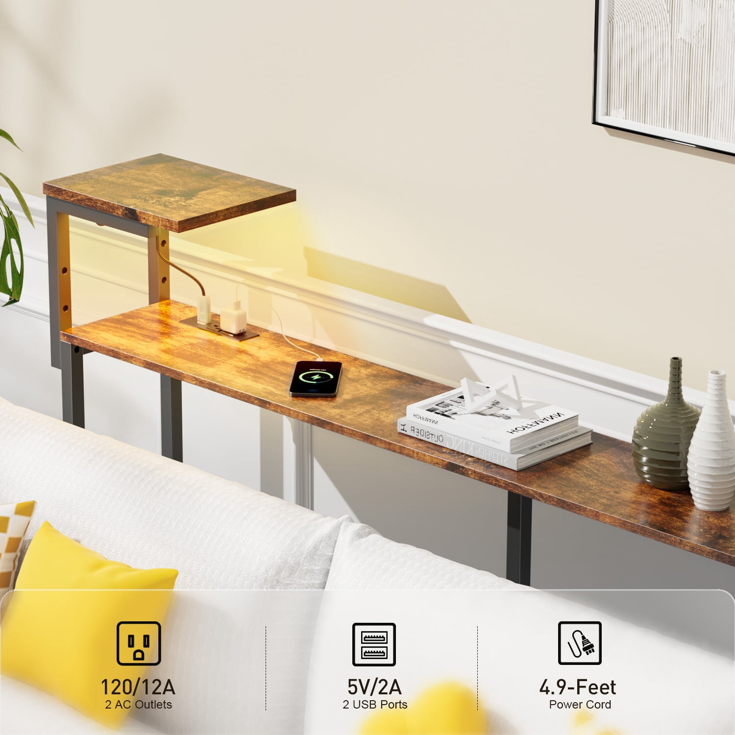 HLDIRECT 71 inch Console Table with Storage, Narrow Entryway Table with Outlet, Sofa Table with LED Light for Living Room, Hallway Table