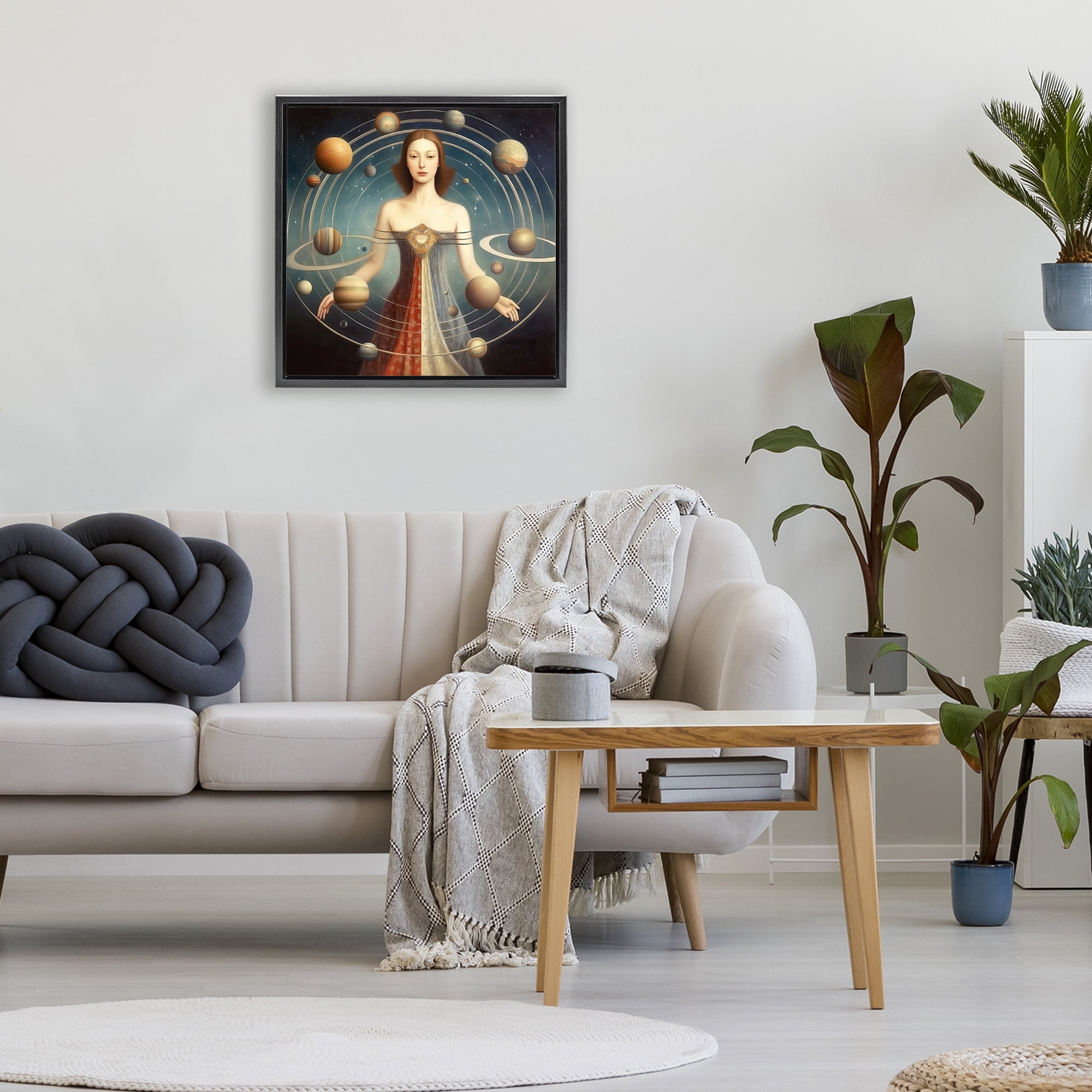 Galactic Orbits Woman Black Framed Floater Canvas Wall Art, design by Sasha