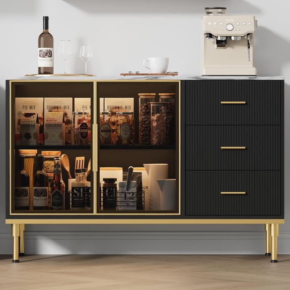 Senfot Fluted Sideboard Buffet Cabinet with Glass Doors & Drawers, Marble Top Kitchen Storage, Modern Dining Room Console for Living Room - Black