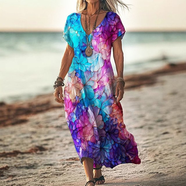 Vestido Informal Con Cuello En V y Estampado Floral Para Mujer, Manga de Verano, Bohemio, Fluido, Cómodo, Elegante, Versátil y Femenino.