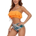 thumbnail image 3 of Traje de baño para mujer, 2 piezas, tirantes finos, dobladillo con volantes, elástico, fruncido, acolchado inalámbrico, traje de baño naranja XL, 3 of 6