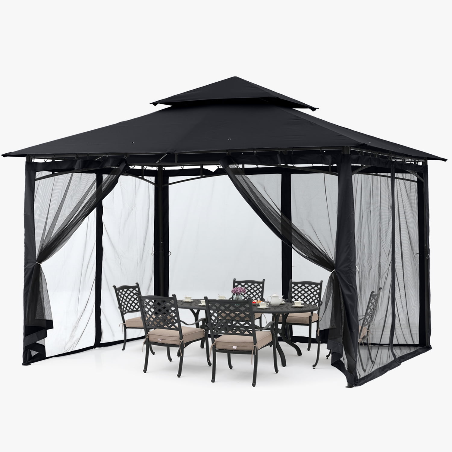 ABCCANOPY 11'x11' Patio Gazebo With Mosquito Netting and Double Soft Roof Canopies for Shade and Rain,Black