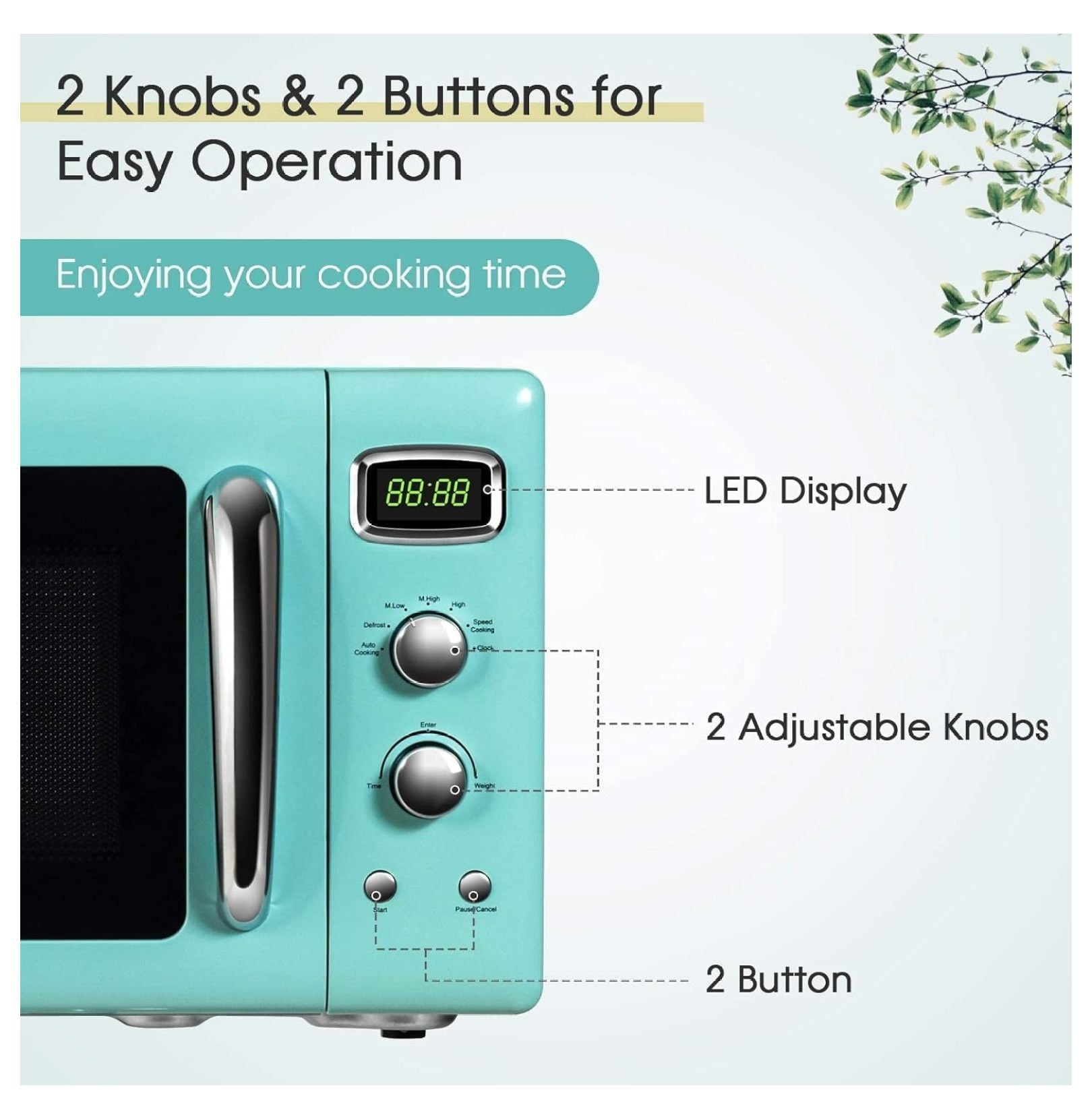 Microwave Oven, 900W/0.9Cu.Ft, Small Countertop Microwave w/Defrost & Auto Cooking, LED Display, Pull Handle, Easy Clean Stainless Steel Interior, Child Lock, ETL Certification Mint