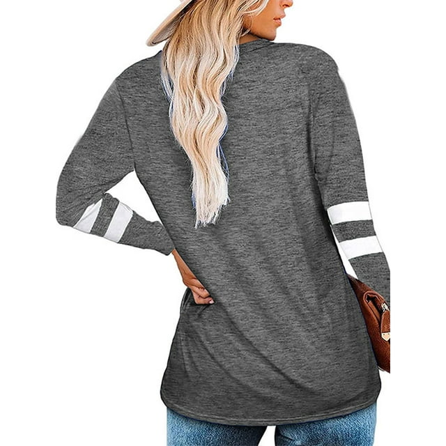 Femmes T-shirt Rayé Manches Longues Basic Top V Cou 2 4 1 3 Blouse Décontractée, Gris, M