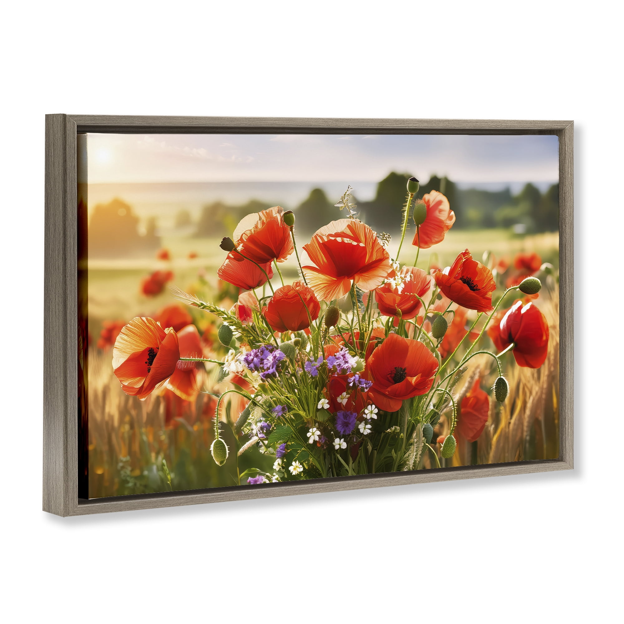 Stupell Industries Bright Sunlit Spring Meadow Plants & Flowers Painting Brown Floater Framed Canvas Art Print Wall Art, 25 x 17