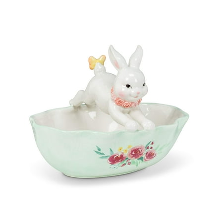 Abbott Collection Home 27-TEAPARTY-502 Leaping Bunny Handled Dish, White/Mint