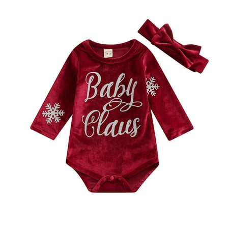 

Newborn Baby Girls Long Sleeve Letter Print Velvet Romper Tops Bow Headband 2Pcs Christmas Warm Outfits