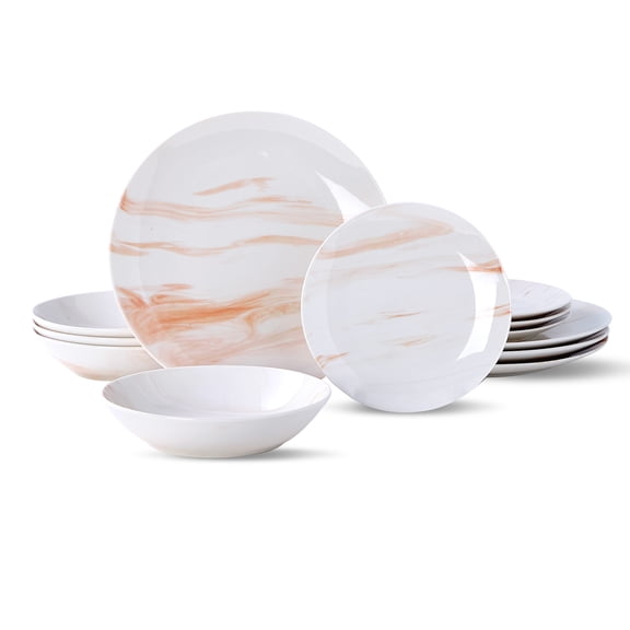 12 Piece Dinnerware Set ，Chip Resistant, Dinnerware Sets, Plates, Dishes, Bowls, Service for 4, Orange And White