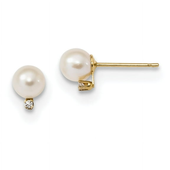 Primal Gold 14 Karat Yellow Gold 5-5.5mm White Round Freshwater Cultured Pearl Cubic Zirconia Post Earrings