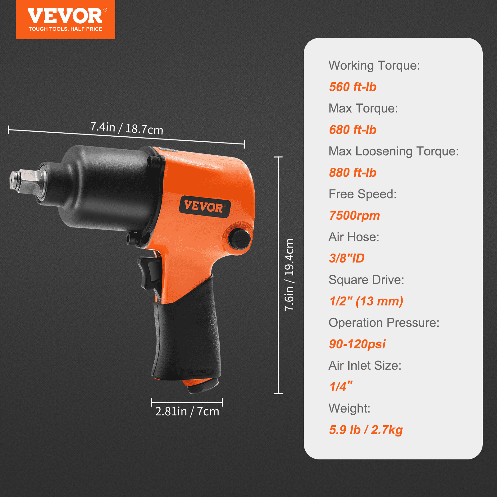 VEVOR Air Impact Wrench, 1/2" Drive Air Impact Gun Up to 880ft-lbs Nut-busting Torque, 7500RPM Lightweight Pneumatic Tool for Auto&nbsp;Repairs&nbsp;and&nbsp;Maintenance
