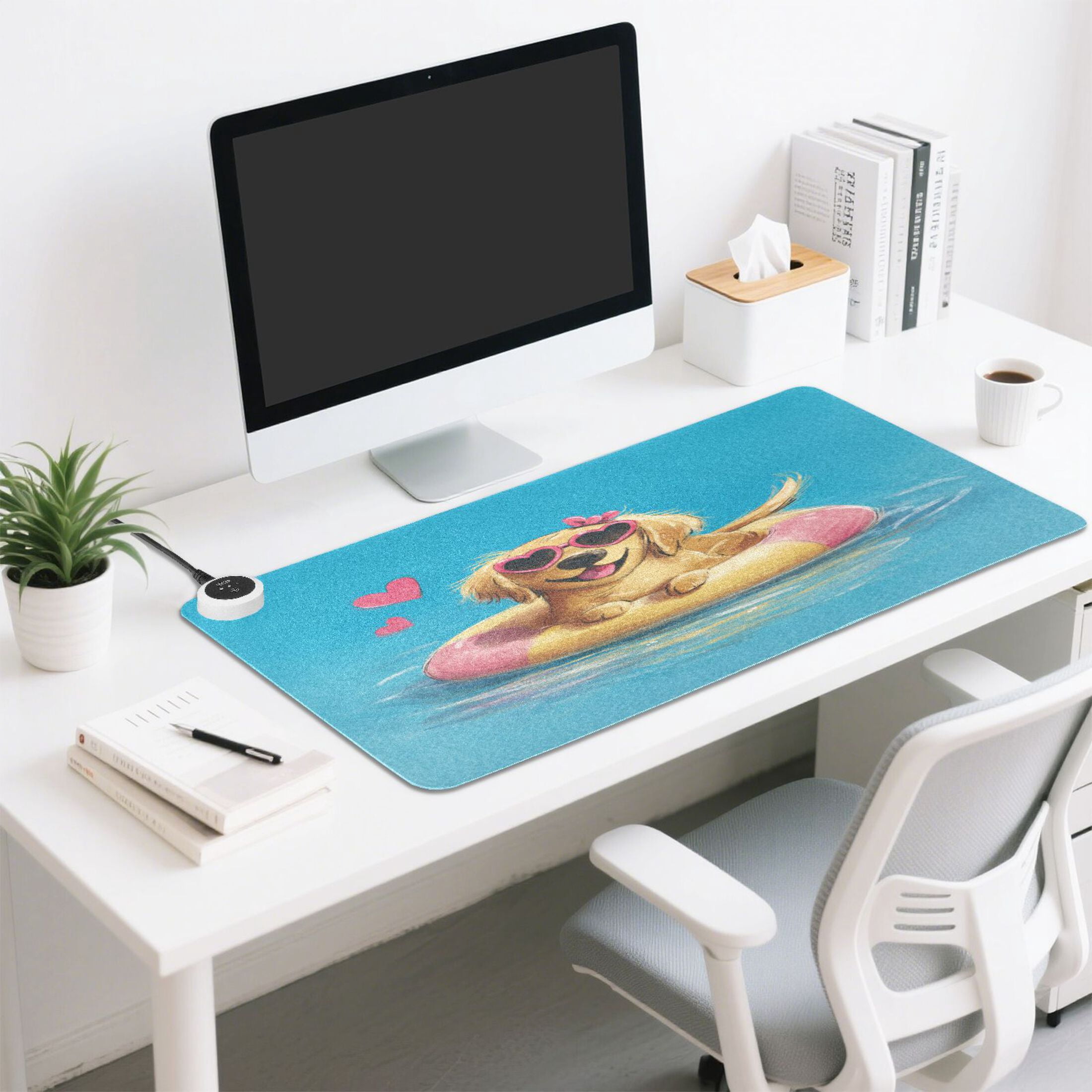Large Heated Desk Mat Mouse Pad 31.5"x13"PU Leather Graphene Heating Desk Warmer with 3 Temperature Settings 110V US Plug Non-Slip Warm Pad for Home, Office, and Gaming Cheerful Watercolor Pool Pup