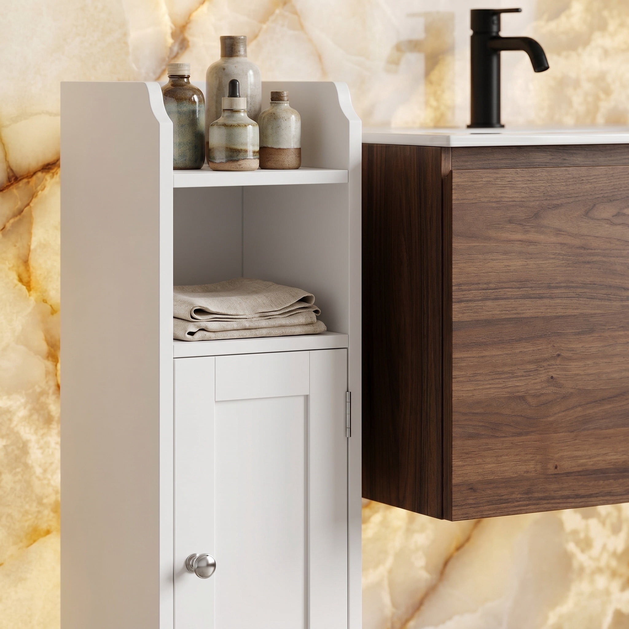 Nordic Hygge Slim Bathroom Storage Cabinet with Door and Adjustable Shelves, 31.5-Inch Height, Cloud White