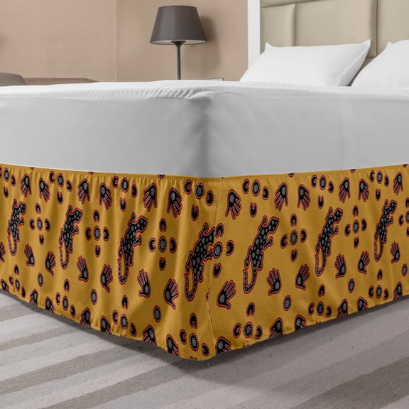 Tribal Bed Skirt, Aboriginal Style Inspired Layout of Hands and Reptiles Composition, Elastic Bedskirt Dust Ruffle Wrap Around for Bedding Decor, 4 Sizes, Marigold Multicolor, by Ambesonne