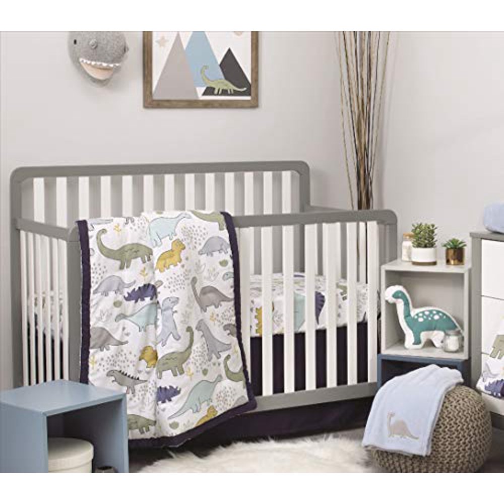 NoJo 4 Piece Nursery Crib Bedding Set, Little Dinosaurs, Grey/Navy/Blue