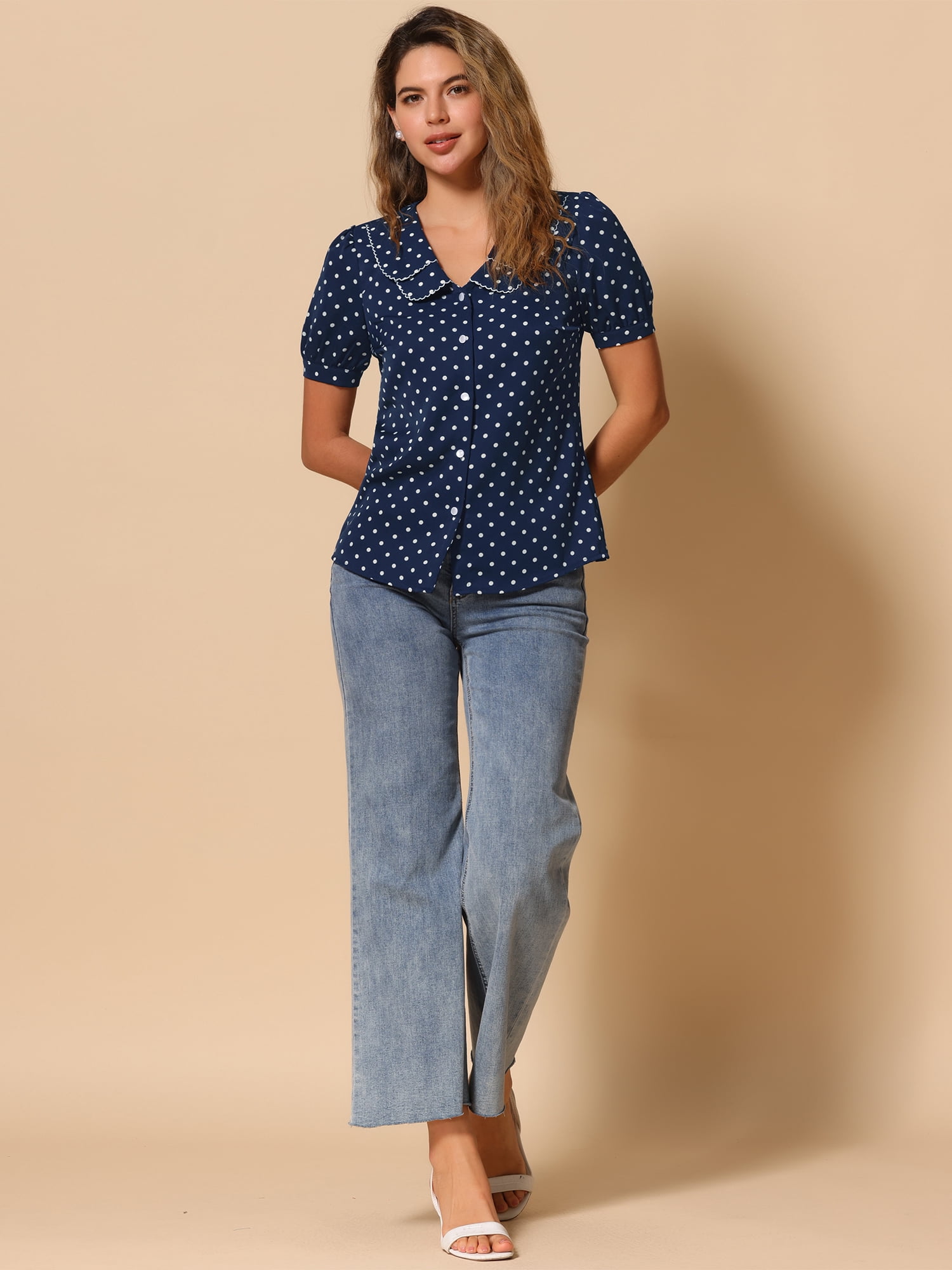 DARING DIVA Women's Polka Dots Peter Pan Collar Puff Sleeve Shirt Top S Dark Blue