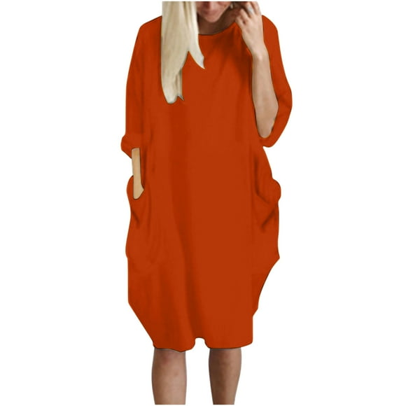 QUYUON Dresses for Women for Special Occasion Clearance Pocket Loose Dress Ladies Neck Casual Long Tops Dress Plus Size Winter Wedding Guest Dresses Women Long Sleeve Midi Ball Gown Dress Style Z89
