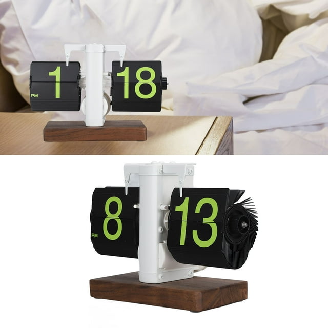 Retro Flip Clock 12h Single Sided Large Numbers 304 Stainless Steel and PVC and Black Walnut Large Numbers Automatic Mechanical for Living Room, Study, Office