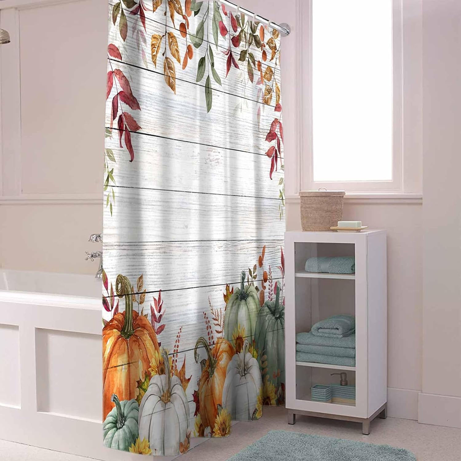 Fall Shower Curtain Sage Green Pumpkin Shower Curtains for Bathroom Sunflower Eucalyptus Leaves Wood Grain Bath Curtains Sets with Hooks for Autumn Thanksgiving Seasonal Decor Standard 72" X 72"