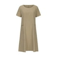 thumbnail image 4 of Arnsht Womens Summer Cotton Linen Dresses Short Sleeve T-Shirt Dress Casual Loose Fit Crewneck Midi Dresses for Women Khaki L, 4 of 8