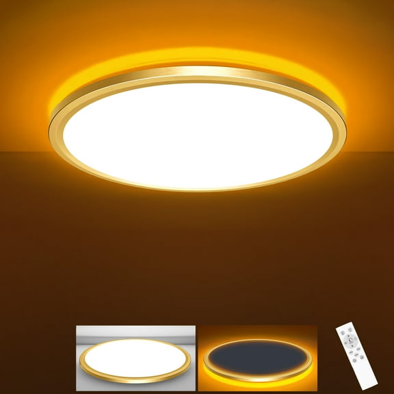 12 Inch Ceiling Light with Night Light 1800K, 3000K-6500K Selectable LED Light Fixture with Remote Control, 24W 2400lm Dimmable Ceiling Lamp for Bedroom Kitchen-Gold
