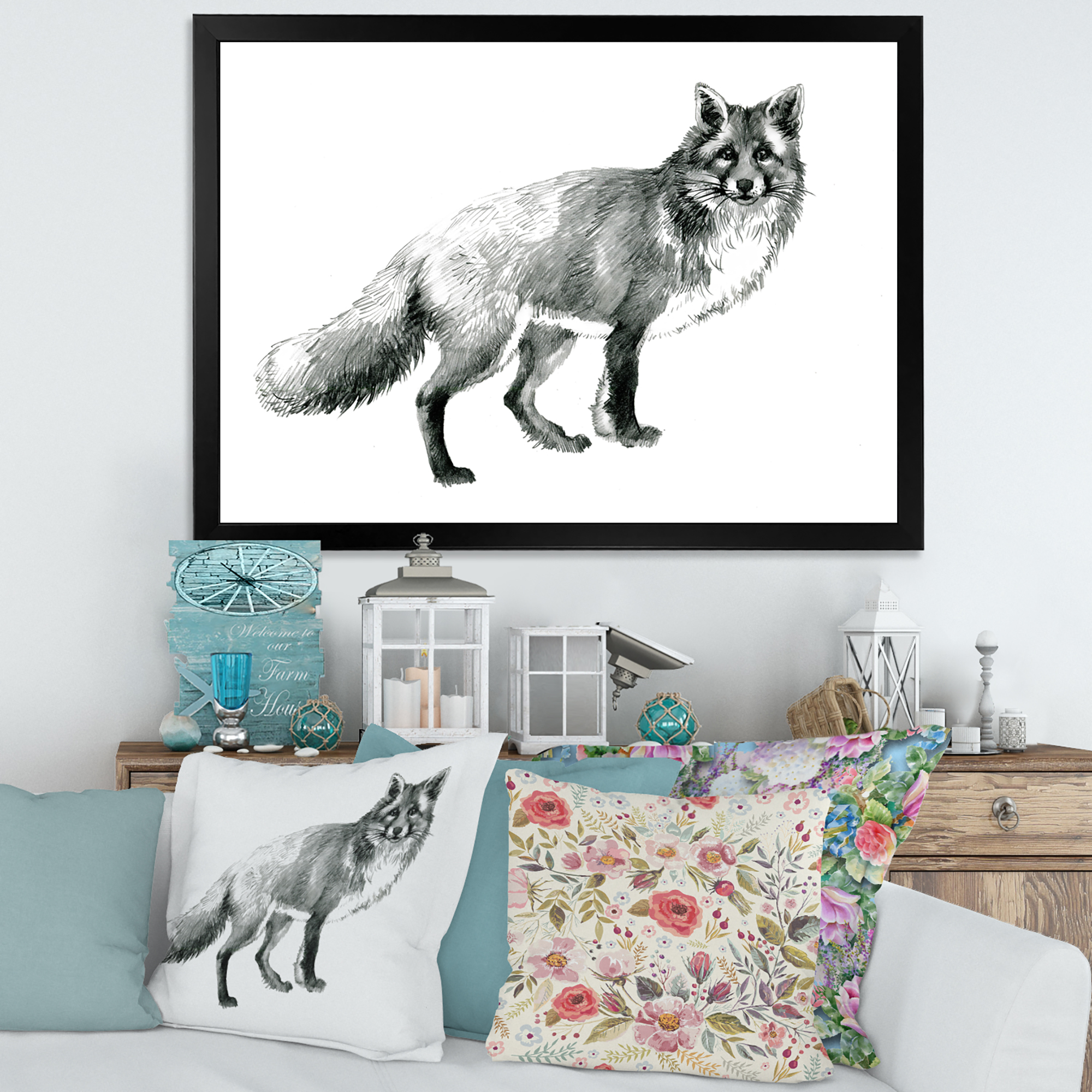 Designart 'Black and White Portrait Fox' Farmhouse Framed Art Print