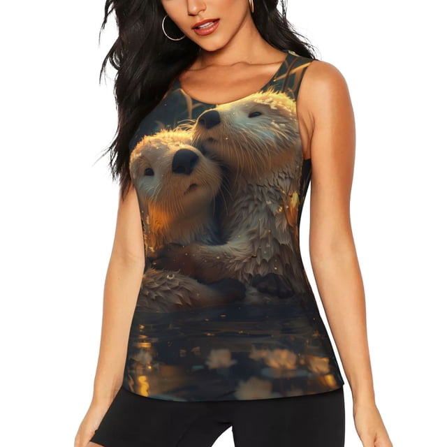 Balery Adorable Otter Pair Hug Camiseta sin mangas estampada ligera para mujer, tops de entrenamiento sin mangas, camisetas de yoga transpirables de secado rápido.-XX-Large