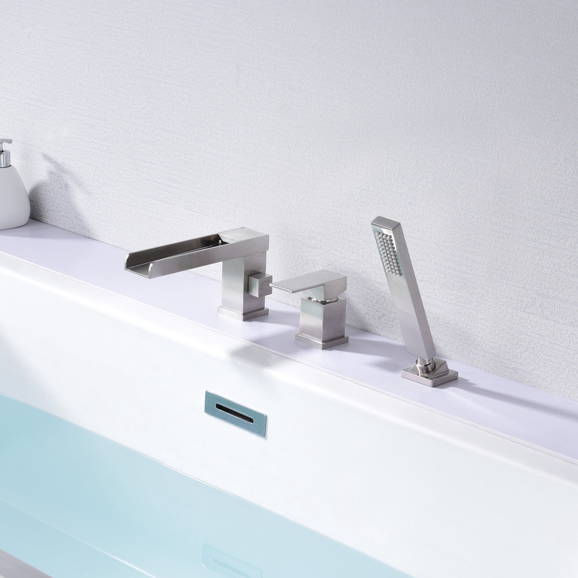 3 Holes Roman Tub Faucet with Sprayer Brushed Nickel Waterfall Tub Filler