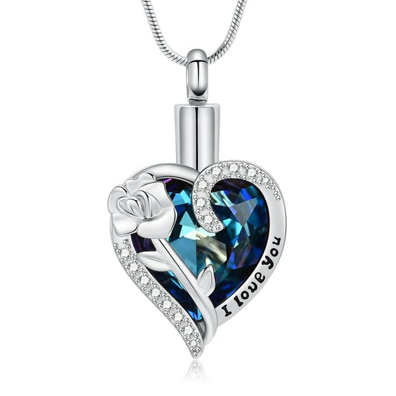 I Love You - Rose Flower Stainless Steel Crystal Heart Urn Pendant Necklace for Cremation Ashes Keepsake Memorial Jewelry