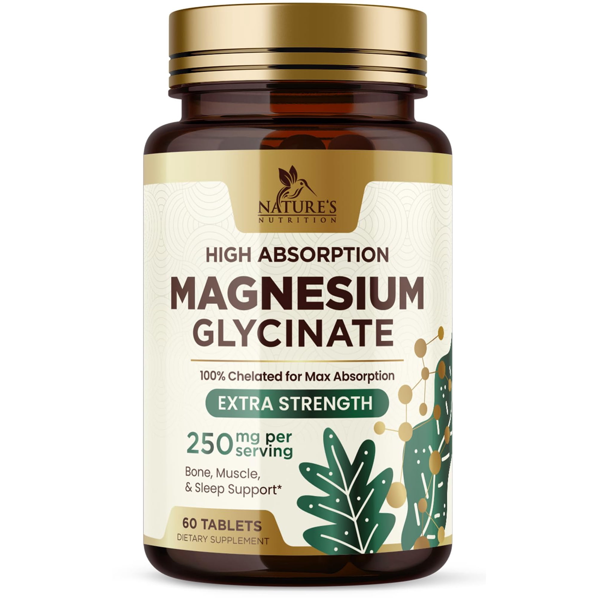 Magnesium Glycinate 250mg - 100% Chelated Magnesium Supplement - High Absorption Mag Glycinate Supports Sleep, Heart Health, Bone, & Muscles - Gluten Free, Vegan - Bottled in the USA - 60 Tablets
