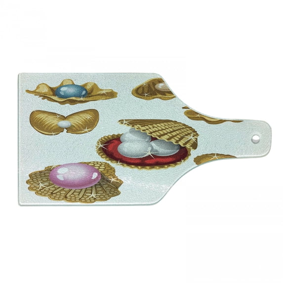 Pearls Cutting Board, Open Shells Different Type of Shapes Wealth Gemstone of the Sea Print, Decorative Tempered Glass Cutting and Serving Board, Wine Bottle Shape, Multicolor, by Ambesonne