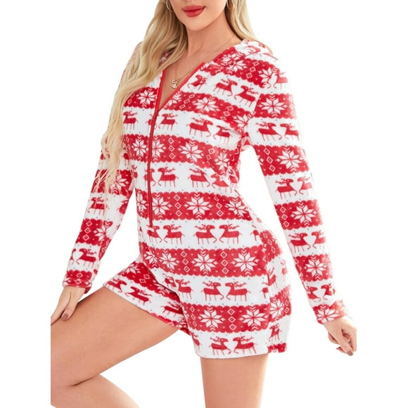 Nituyy Women's Christmas Fleece Pajamas Playsuits Deer Snowflake Print Warm Rompers Sleepwear Zipper Hooded Short Jumpsuit Loungewear