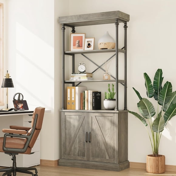 Tall Bookshelf with Doors Industrial Bookcase Freestanding Shelf Units Wood and Metal Book Shelf Storage Organizer for Bedroom, Living Room, Rustic Brown,Vintage Display Rack Home Office