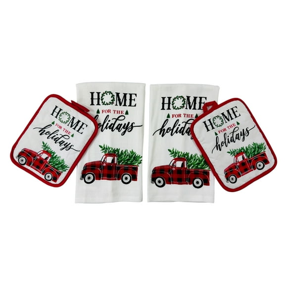 Serafina Home Christmas Holiday Kitchen Towels Pot Holders Set: Country Red Check Truck with Tree Home for The Holidays! (Holiday Home)