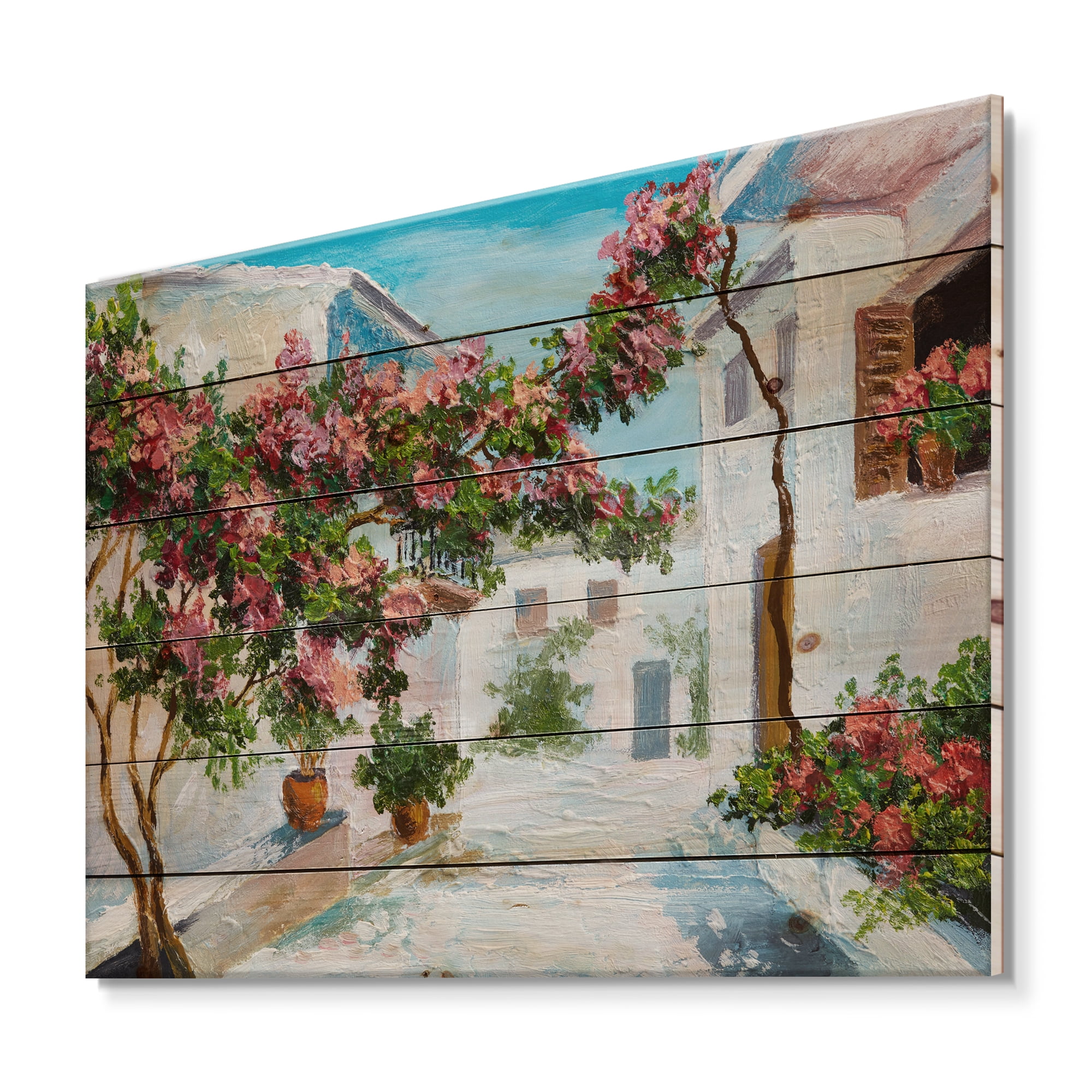 Designart 'Blossoming Flowers With White House Near The Sea' Nautical & Coastal Print on Natural Pine Wood