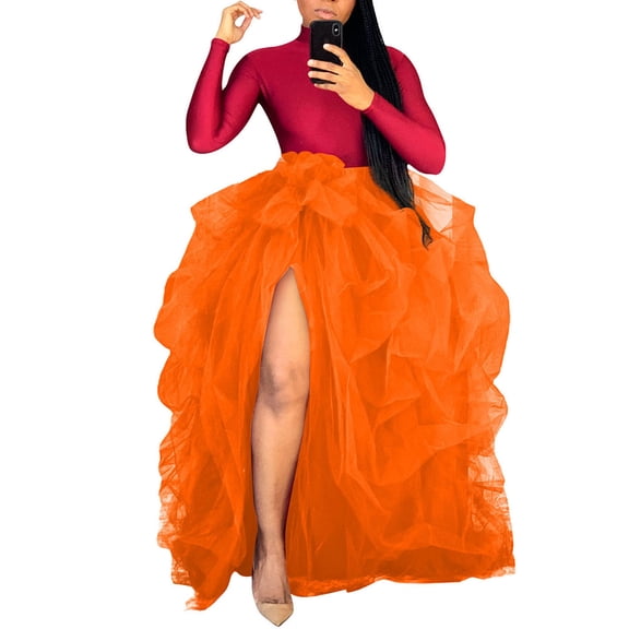 Frostluinai Women Maxi Tulle Hi Slit Tutu Dress Tulle Ruffle Mesh Lace Long Skirt Floor Length Layered Evening Dress Wedding Night Party Skirt Spectial Occasion Skirt