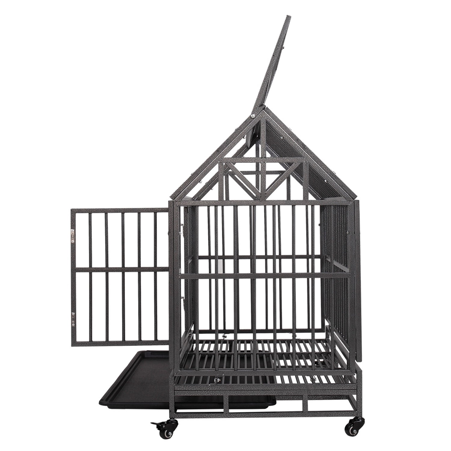 Pefilos 45" Large Dog Cage for Indoor Heavy Duty Metal Dog Crate Kennel with 4 Universal Wheels, Openable Pointed Top and Front Door, Black Pefilos 45" Large Dog Cage for Indoor Heavy Duty Metal Dog Crate Kennel with 4 Universal Wheels, Openable Pointed Top and Front Door, Black