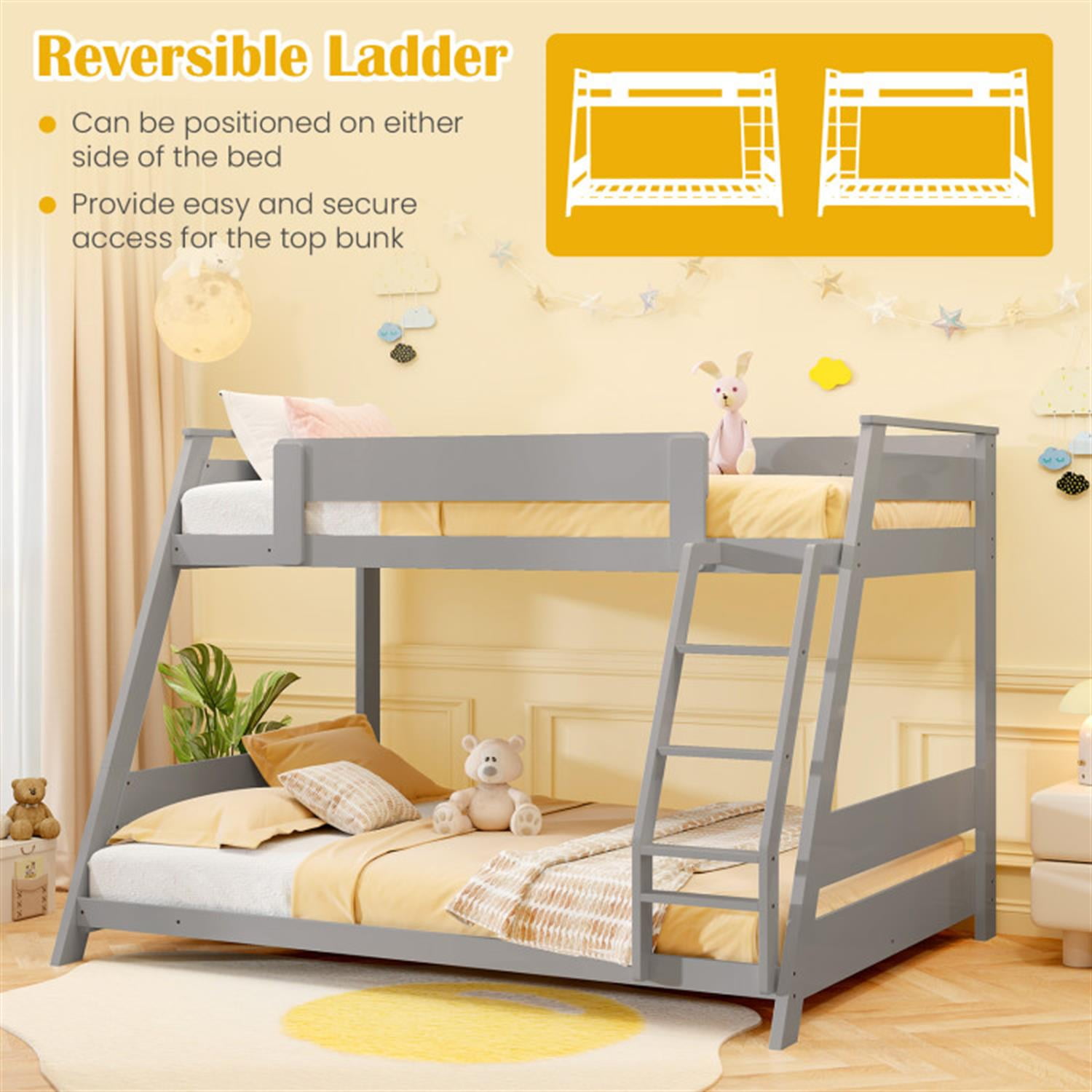 Demi Bonn Twin Over Full Low Bunk Bed with Reversible Ladder, Solid Wood Floor Bunkbeds Frame for Bedroom, No Box Spring Needed, Gray