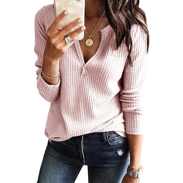 Sonducket Camiseta de mujer Blusa casual de manga larga con cuello en V de color sólido Prendas para la parte del cuerpo Rosado METRO Sonducket AP003436-07