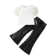thumbnail image 1 of Zpanxa Girls Matching Sets Ribbed Mesh Puff Short Sleeve Top and PU Leather Flare Long Pants Set 7 Years, 1 of 7