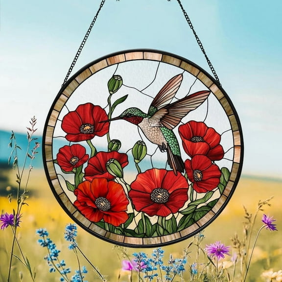 Hummingbird Stained Glass Suncatcher, Poppies Flower Window Hanging, Hummingbird Lover Gift, Hummingbird Indoor Décor