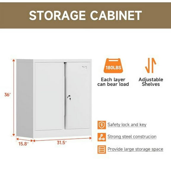 Metal Storage Cabinet, Garage Storage Cabinet with Doors and 2 Adjustable Shelves, 36" White Metal Cabinet, Locking Cabinet for Home,Garage,Office,School