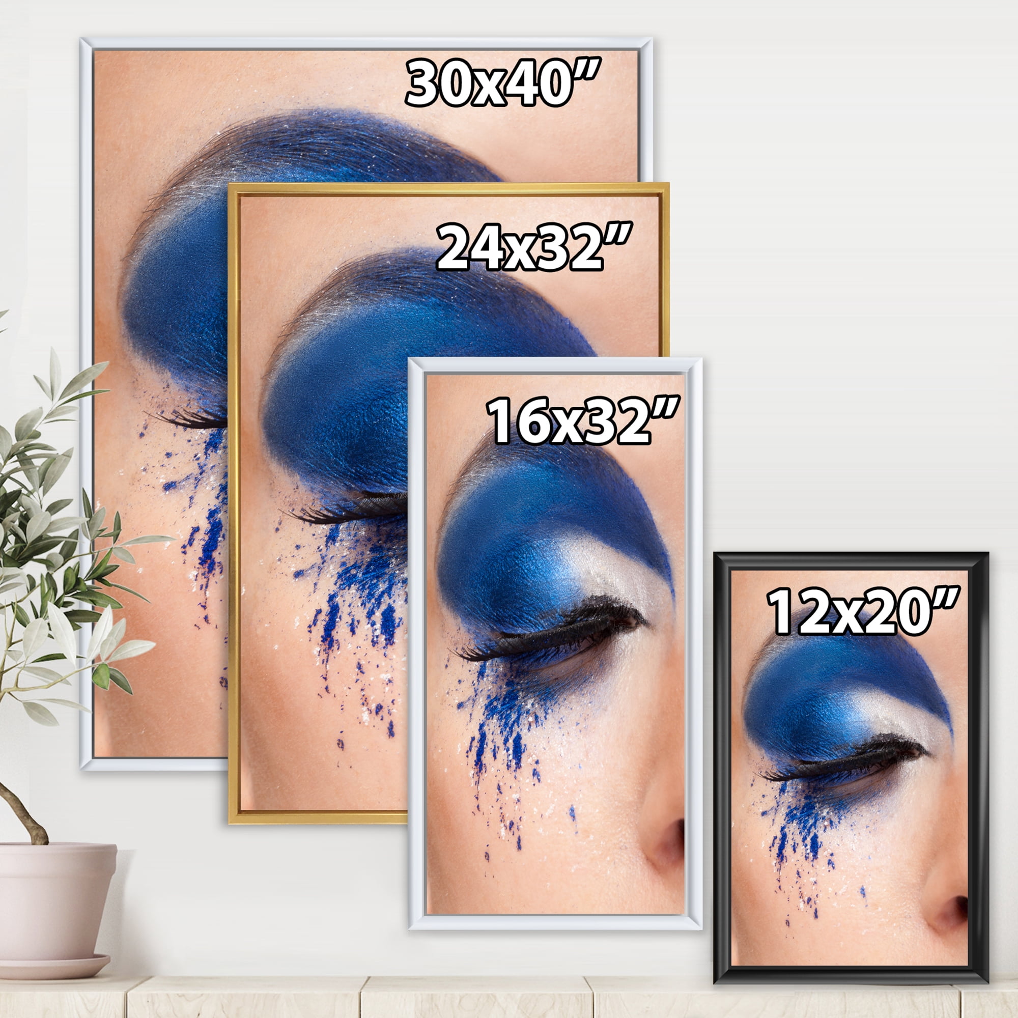 Designart 'Closed Woman Eye With Blue Fantasy Make Up' Modern Framed Canvas Wall Art Print