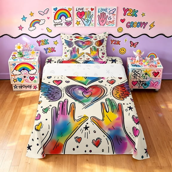 Manfei Cartoon Rainbow Love Twin Sheets, Watercolor Graffiti Art Bedding, Cream Blue, 3 Pieces, 1 Flat Sheet, 1 Fitted Sheet and 1 Pillowcase