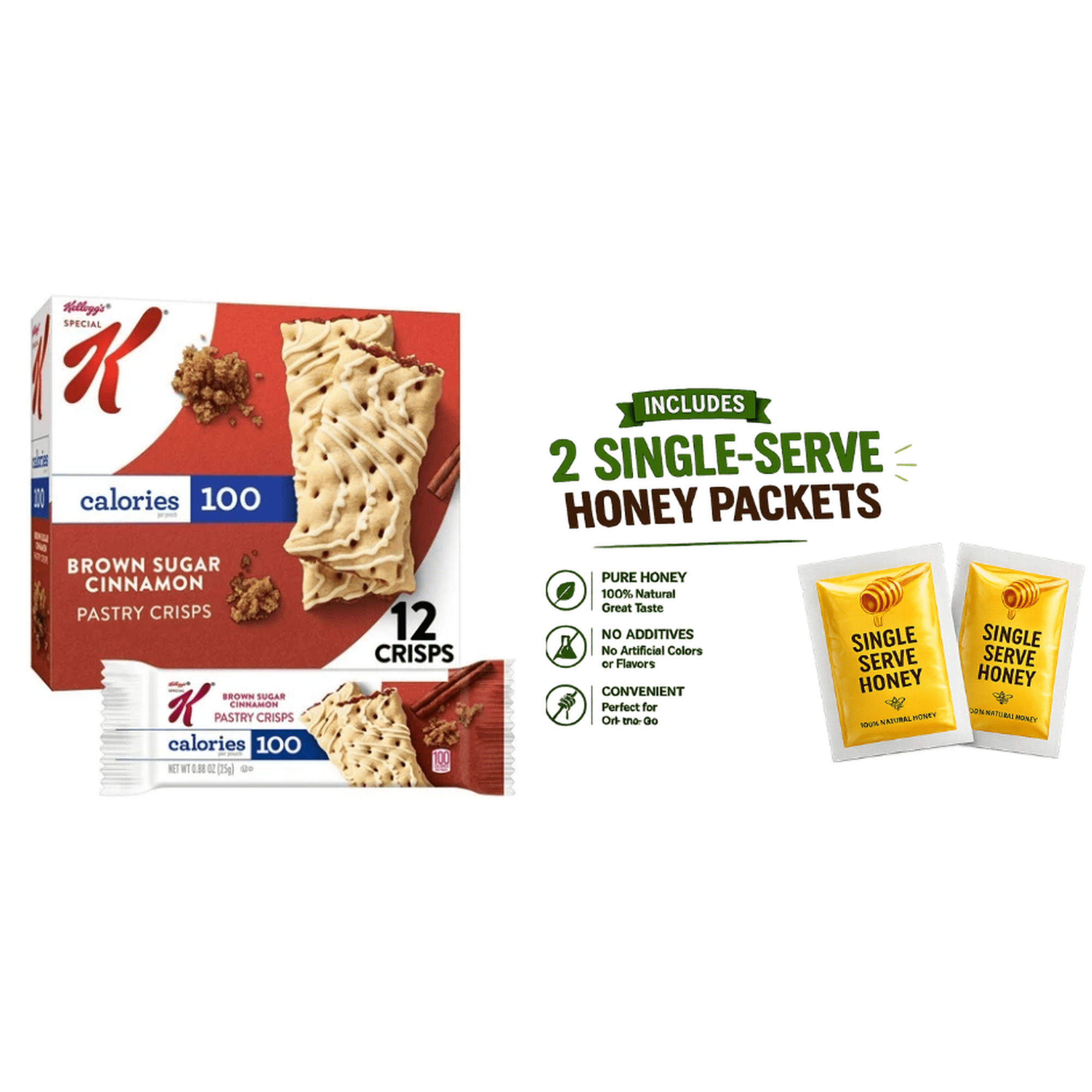 Special K Bar Brown Sugar Cinnamon Chewy Pastry Crisps 100 Calorie Snacks 5.28 oz, 12 Count, With two single serving Honey